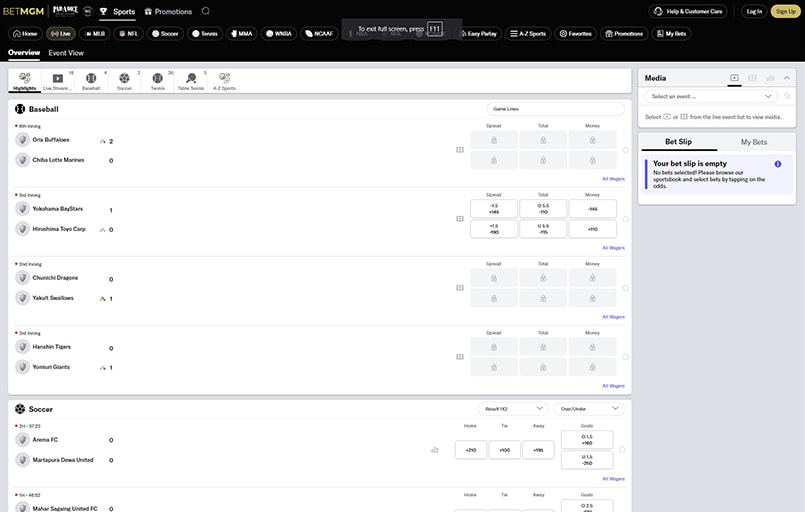 The betMGM live interface.
